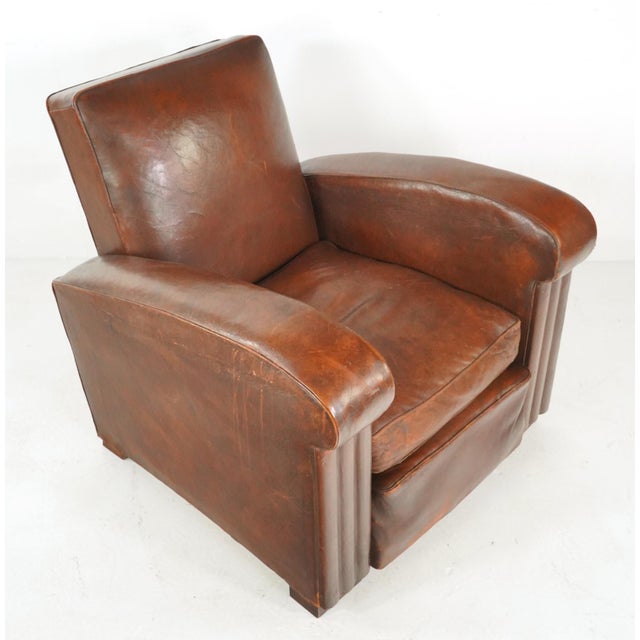 Art Deco Pair of Vintage Tank Art Deco Leather Club Chairs For Sale - Image 3 of 10