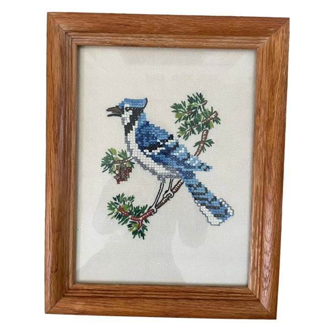 Vintage Cross-Stitched Embroidered Framed Songbirds. Set of Four. For Sale - Image 4 of 8