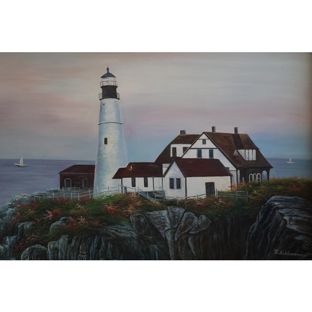 Late 20th Century Large Vintage R. Ashburton Portland Head Light Oil Painting—59″ For Sale - Image 5 of 18