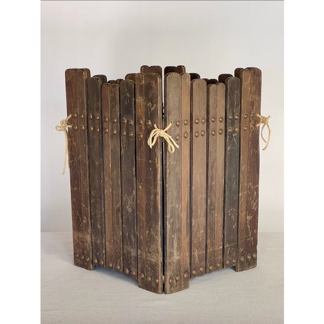 Antique Wooden Basket likely a Holder for Large Milk Bottles circa 1900s. Lovely brass nailheads and leather corner ties....