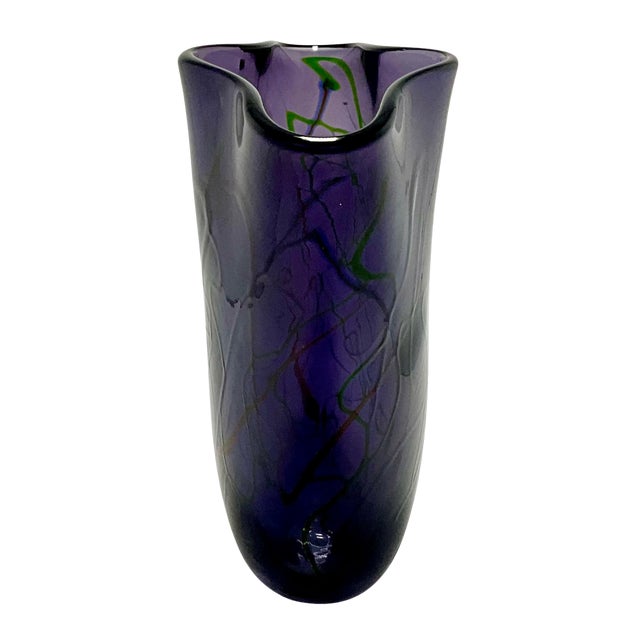 Abstract Purple Glass Fan Vase With Green, Red, and Blue Drizzle – Viz Glass For Sale - Image 3 of 9
