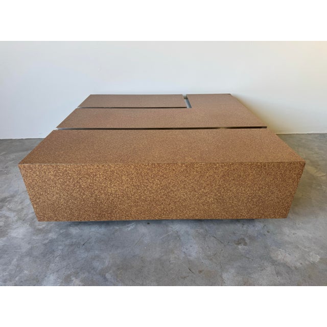 1980s Postmodern Laminated Tortoiseshell & Brushed Steel Plinth Base Coffee Table on Wheels For Sale In Miami - Image 6 of 12