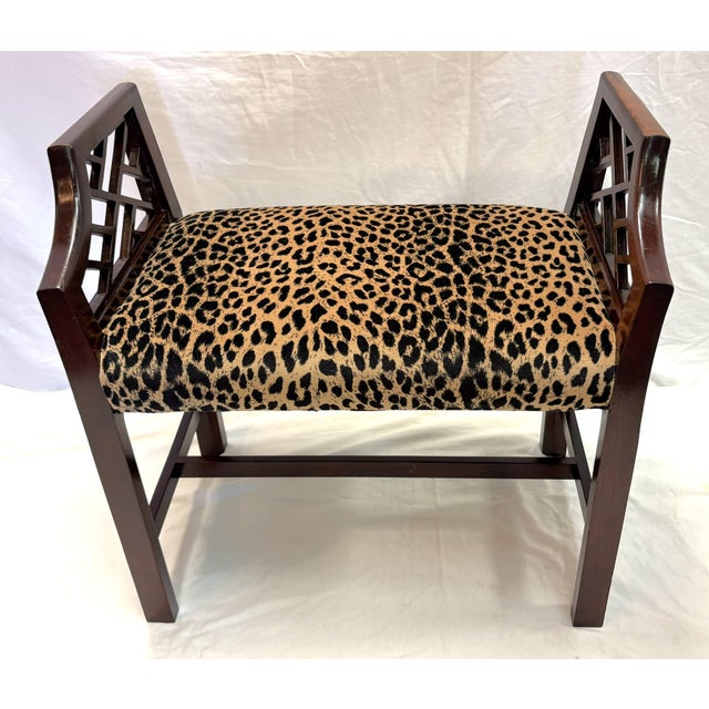 Vintage Fretwork Curved Arm Vanity Stool/ Bench With New Leopard Upholstery For Sale - Image 4 of 18