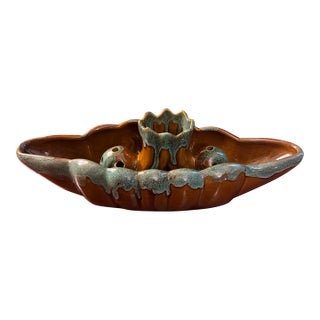 1950s Van Briggle Pottery Flower Frog With Console Bowl Drip Brown Green Glaze-Signed For Sale