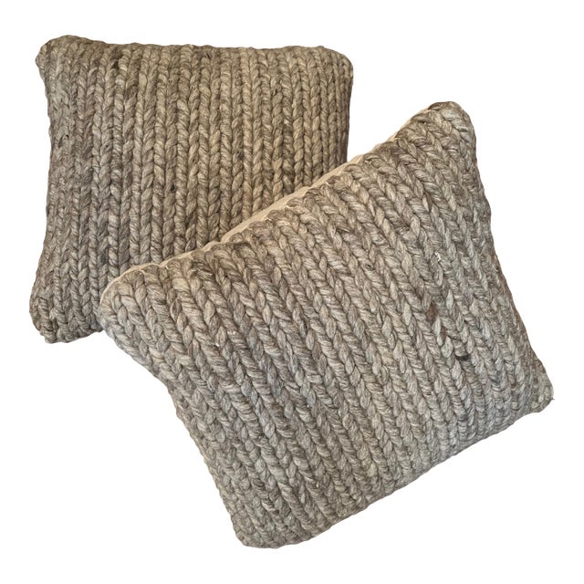 Pair of Grey “Tweedy” Wool and Cotton Bulky Knit Textured Pillows For Sale