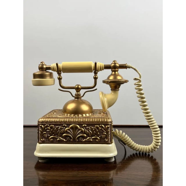 Vintage French Style Brass Rotary Telephone With Ornate Repoussé Cream Enamel Base For Sale - Image 12 of 16