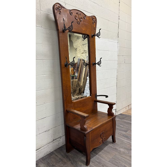 Antique Victorian Carved Tiger Oak Hall Tree With Mirror and Storage For Sale - Image 4 of 17