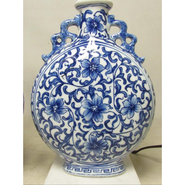 Pair of Chinese Blue and White Porcelain Moon Flask Shaped Lamps For Sale In San Francisco - Image 6 of 15