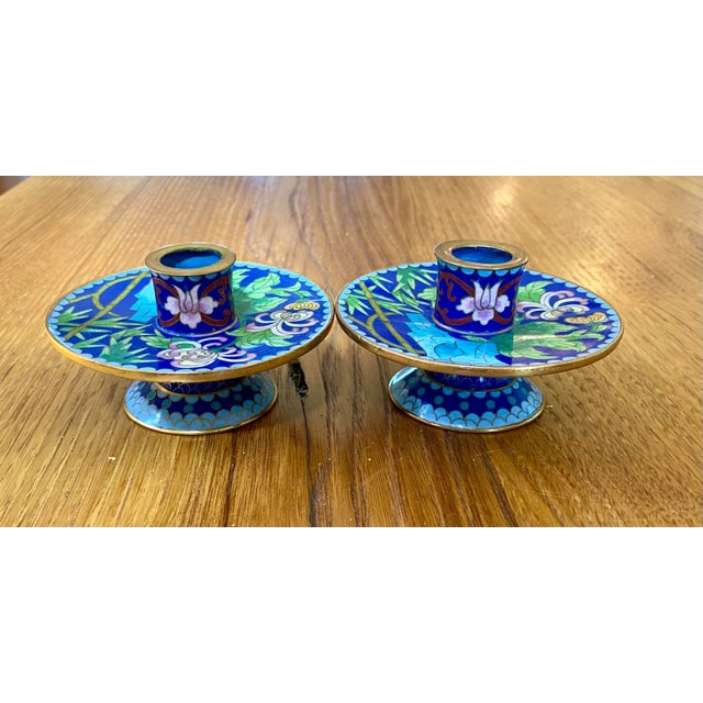 Vintage Blue Cloisonne Candlesticks - a Pair For Sale - Image 9 of 9