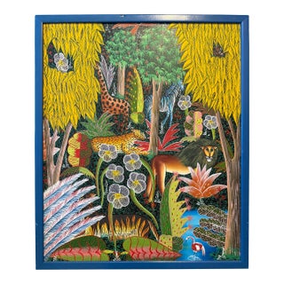 Haitian Folk Art Jungle Scene Painting For Sale
