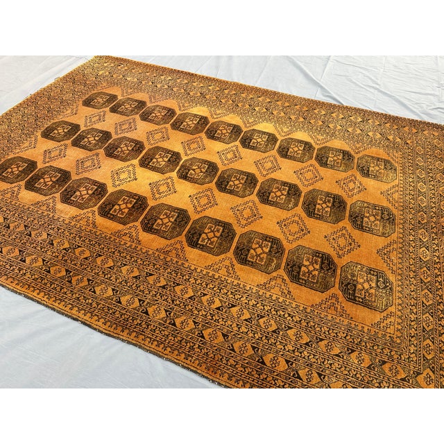 Vintage Afghan Turkoman Bokhara Rug – Tribal Geometric Wool Golden Living Room Carpet For Sale - Image 6 of 9