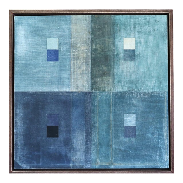 Contemporary 'Geometric Collage in Blues' Original Abstract Mixed Media Painting by British Artist Dave Boyd, Framed For Sale