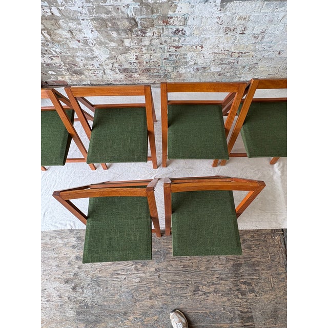 Set of 6 Mid Century Modern Teak Folding Dining Chairs With Green Upholstery For Sale - Image 4 of 11
