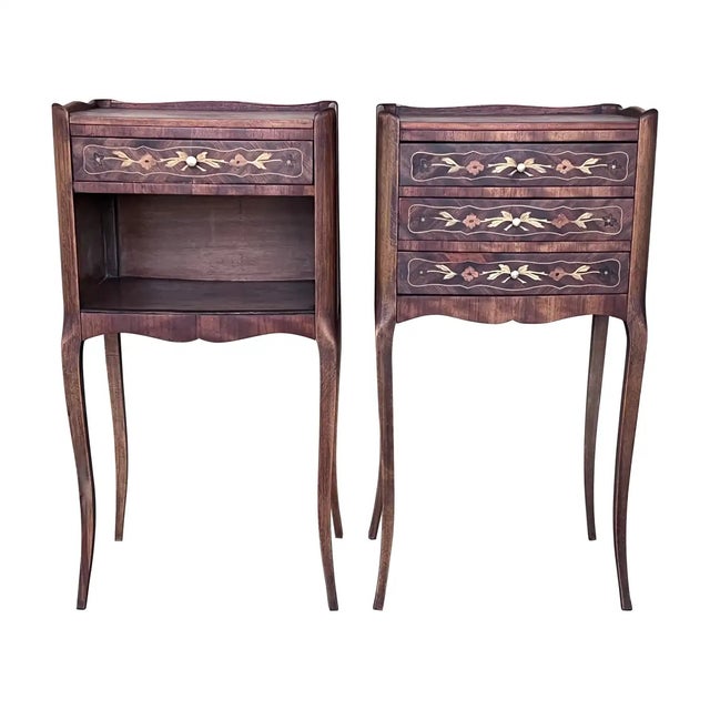 20th Century Pair of Marquetry Darkness Walnut Nightstands Tables With Drawers For Sale - Image 9 of 9