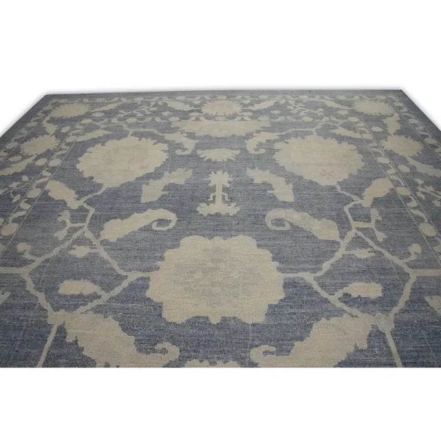 Early 21st Century Turkish Oushak Rug Handwoven Wool Blue Floral Design Rug 12'3" X 15' For Sale - Image 5 of 8
