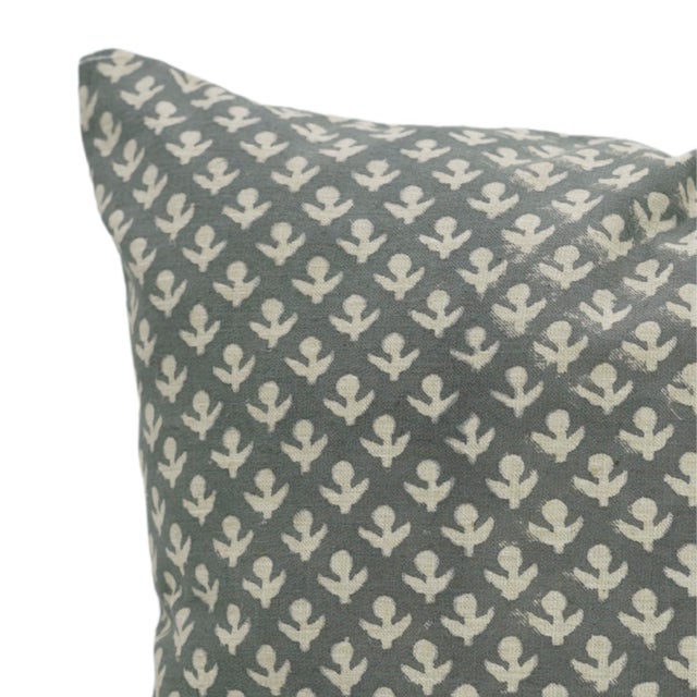 Art Deco Fabdivine Handmade Block Print Linen Blend Throw Pillow Cover 16x16 – Hariyali Green Floral Design For Sale - Image 3 of 9