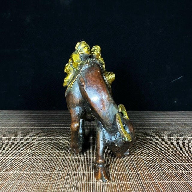 Vintage Gilt Bronze Buffalo With Boys Figure - Two Herders on Ox Sculpture For Sale - Image 4 of 9