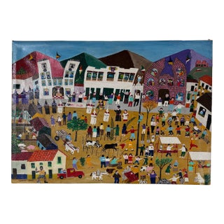 2009 Jadiro Colorful Folk Art Oil on Canvas Painting – Unframed For Sale