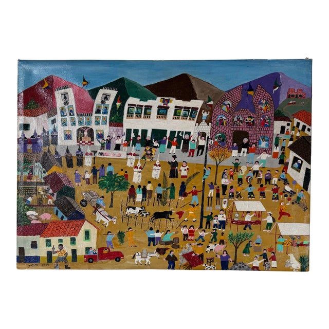 2009 Jadiro Colorful Folk Art Oil on Canvas Painting – Unframed For Sale