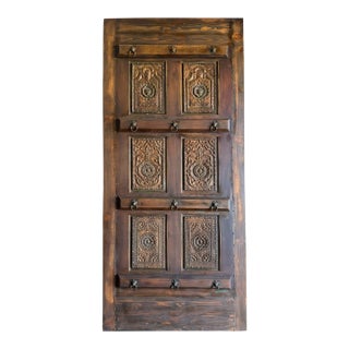 Antique Indian Carved Wood Door With Brass Studs – Rustic Hinged or Sliding Barn Door 96 For Sale