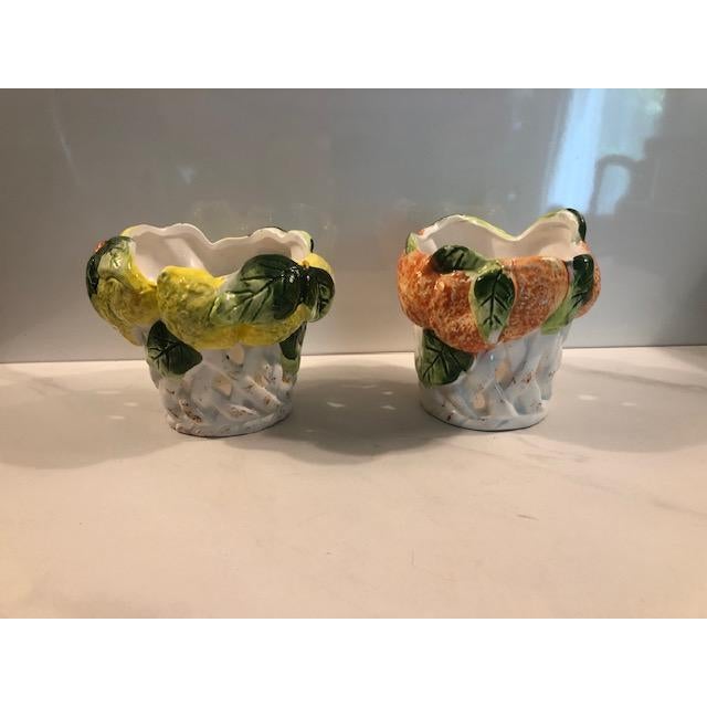 1970s Majolica Lemon Orange Centerpiece Candle Holders / Planters - A Pair For Sale - Image 9 of 14