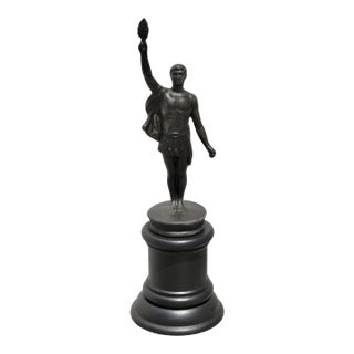 Vintage Olympian Man With Torch Metal Statue on Wood Base For Sale