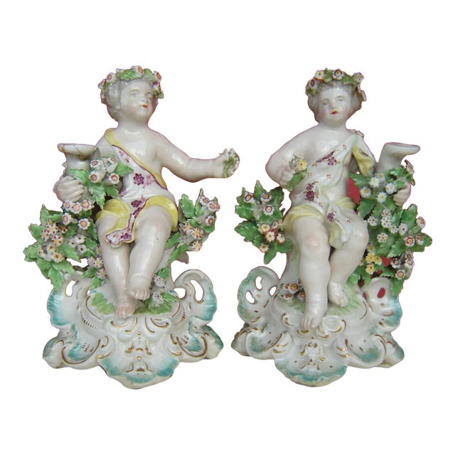Antique 18th Century Georgian Derby Porcelain Cherub Candlesticks - a Pair For Sale