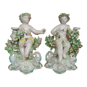 Antique 18th Century Georgian Derby Porcelain Cherub Candlesticks - a Pair