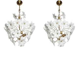 1960s Pair Match Vintage Murano White Glass Chandelier Light For Sale