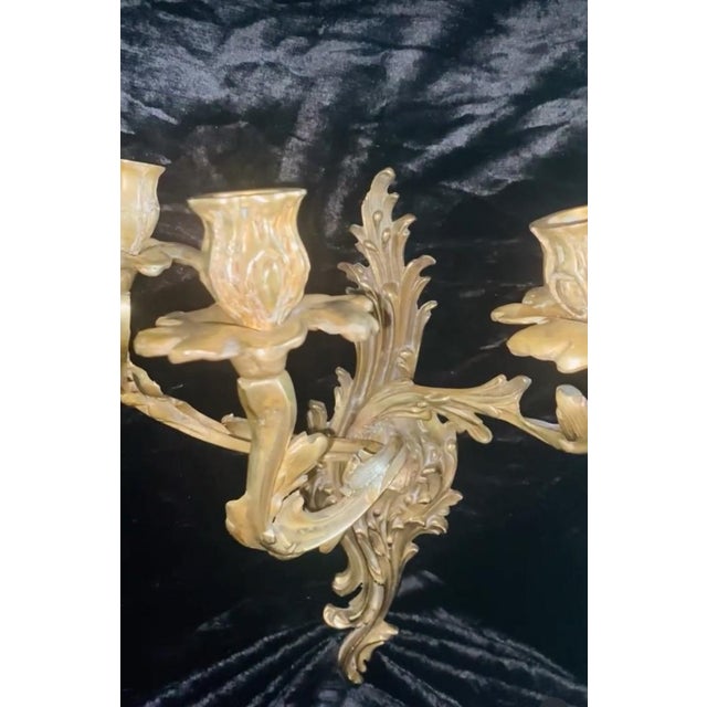 French 1920s Bronze Sconces Baroque Rococo Louis XV French Style Acanthus Leaf Forms 3 Candle Burning For Sale - Image 3 of 10