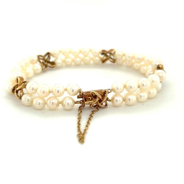 Metal 1990s Mikimoto Estate Akoya Pearl Double Strand Bracelet 6.5" 14k Gold 5.5 mm For Sale - Image 7 of 9