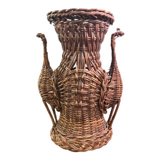 Vintage Two Peacock Wicker Vase Shaped Basket For Sale