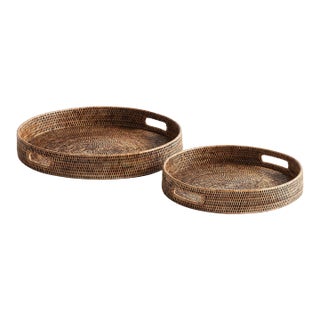 Burma Rattan Round Ottoman Trays Small, Set Of 2 For Sale
