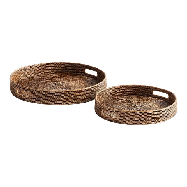 Burma Rattan Round Ottoman Trays Small, Set Of 2 For Sale