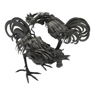 Set of 2 Vintage 20th Century Sheet Metal Rooster Figurines For Sale