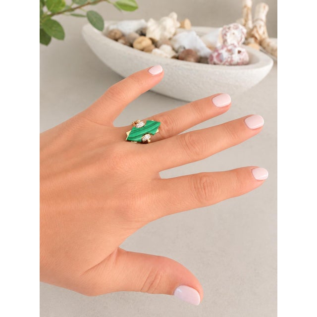 1980s Italian Modernist 14k Gold Malachite & Diamond Statement Ring, Signed Tj, Size 6.75 For Sale - Image 15 of 15