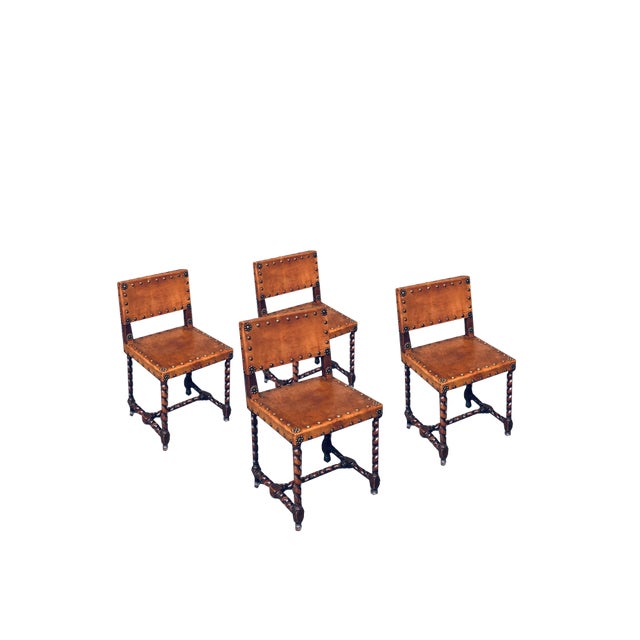 English Cromwellian Style Tan Leather & Oak Side Chairs, Early 1900s, Set of 4 For Sale