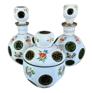 Bohemian White Glass Cut to Green, 3-Piece Scent Bottle / Jar Set, 20th Century
