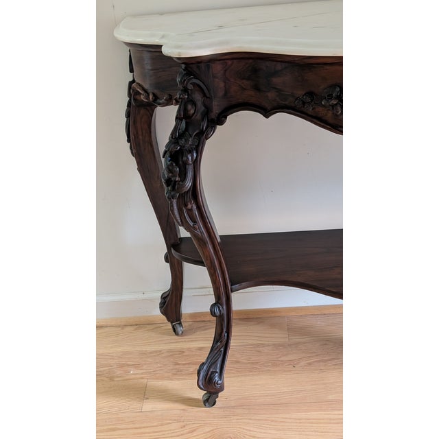 Coffee Antique Mahogany Bombe Marble Top 2-Tiered Console/ Sofa Table For Sale - Image 8 of 12