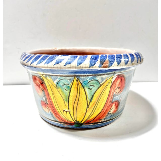 Traditional Vintage Italian Majolica Style Planter Bowl – Hand Painted Mediterranean Terracotta Centerpiece For Sale - Image 3 of 12