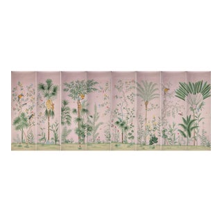 Hand Painted Blush Pink Tropical Chinoiserie Wildlife Mural 8-Panel Set For Sale