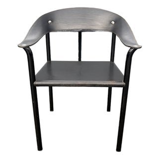Attributed Artelano Black Leather Arm Side Chair, Italy 1980s For Sale