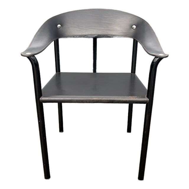 Attributed Artelano Black Leather Arm Side Chair, Italy 1980s For Sale
