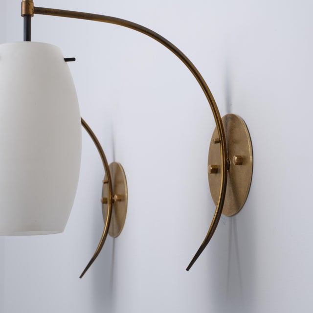 Italian Brass and Opaline Glass Wall Sconces with Arched Arms, 1950s, Set of 2 For Sale - Image 6 of 9