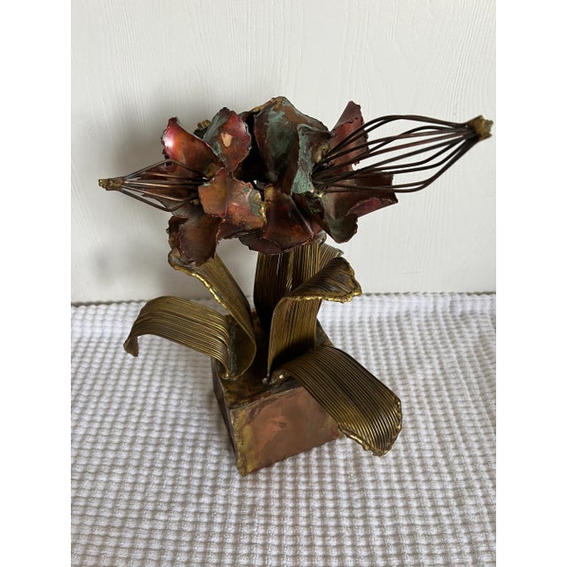 Brutalist Copper and Brass Floral Sculpture Marked B J M 1979 For Sale - Image 9 of 11