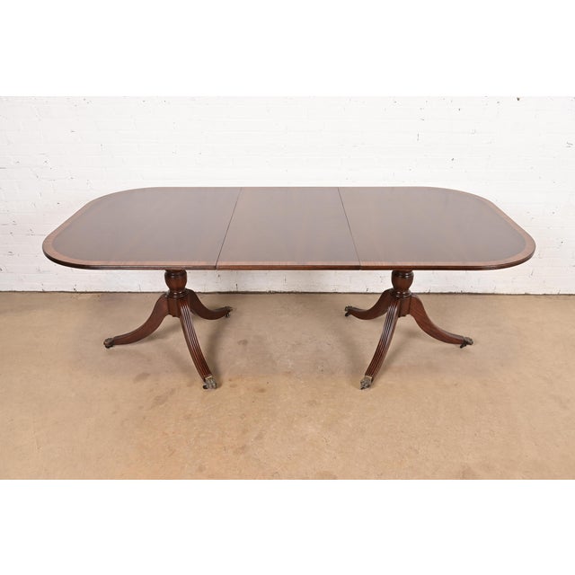 English Baker Furniture Style Georgian Banded Mahogany Double Pedestal Extension Dining Table, Newly Refinished For Sale - Image 3 of 13