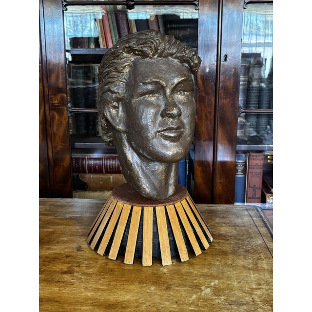 Metal Bust of Young Man on Display Stand For Sale - Image 7 of 7