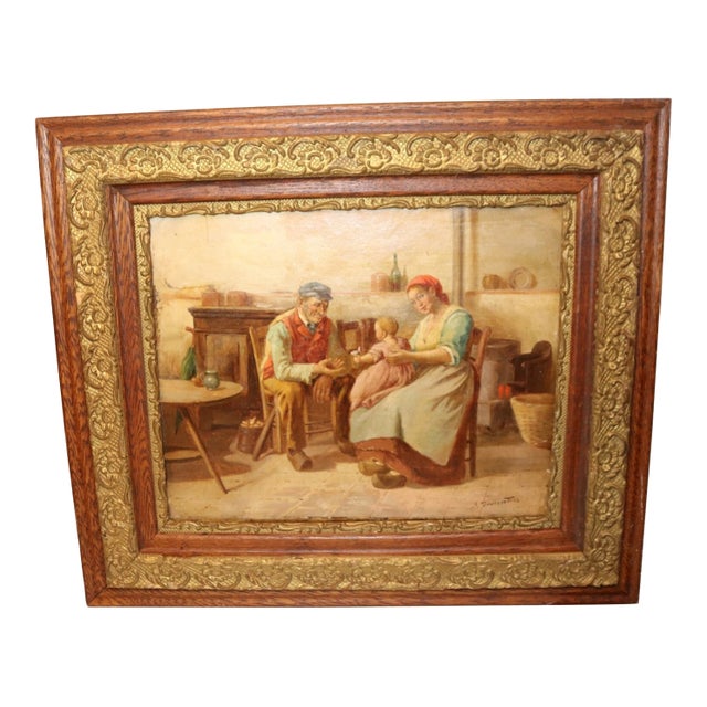 Antique 1800's Original Donatus Buongiorno Oil Painting Grandparents Baby Canvas For Sale