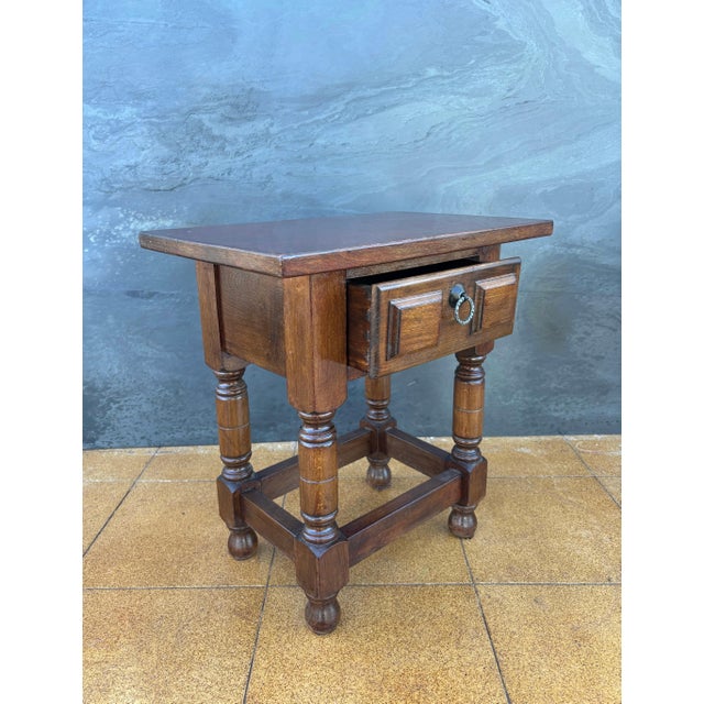 1950s Spanish Oak Side Table with Drawer, Early 20th Century For Sale - Image 5 of 11