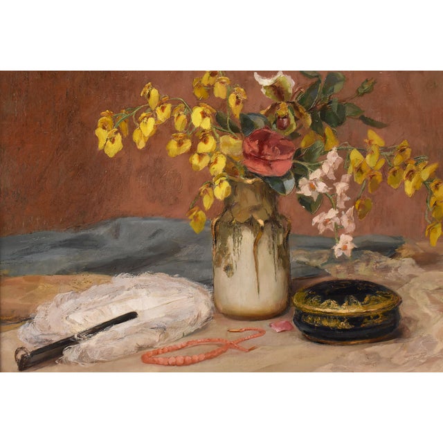 Angelina-Marie-Eugénie Drumaux, Art Deco Still Life with Flower Vase, 20th Century, Oil on Canvas, Framed For Sale - Image 3 of 12